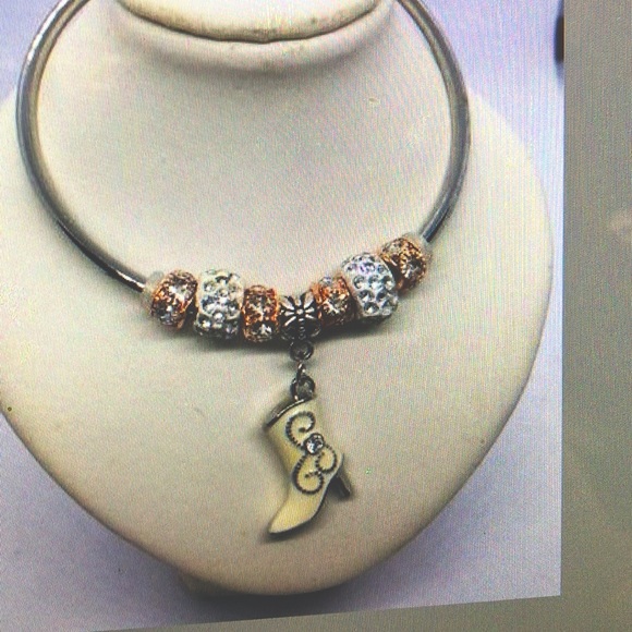Silver cuff bangle with rhinestone beads and boot charm - Picture 1 of 2